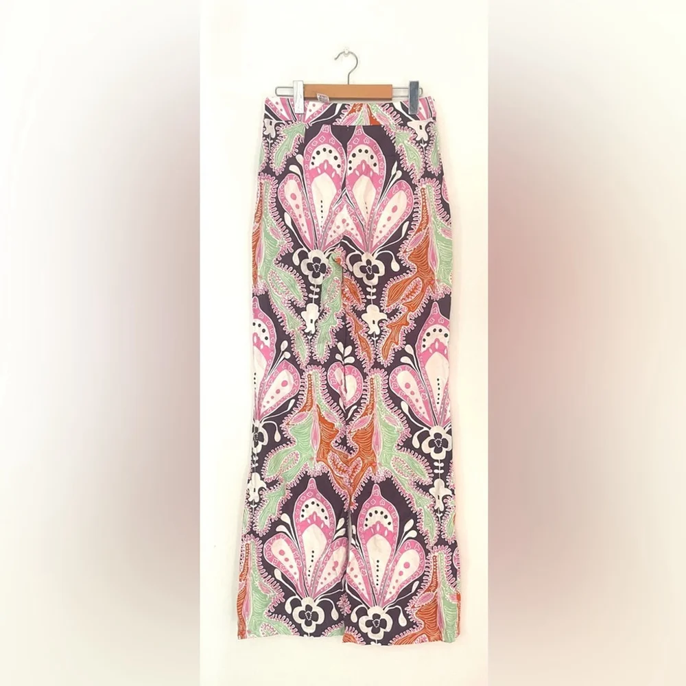 Zara Floral Print Linen Cotton Flare High Waist Trouser pants long tall